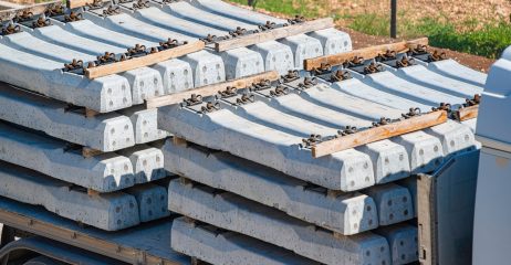 Pile of precast concrete sleepers ready for construction in trackwork